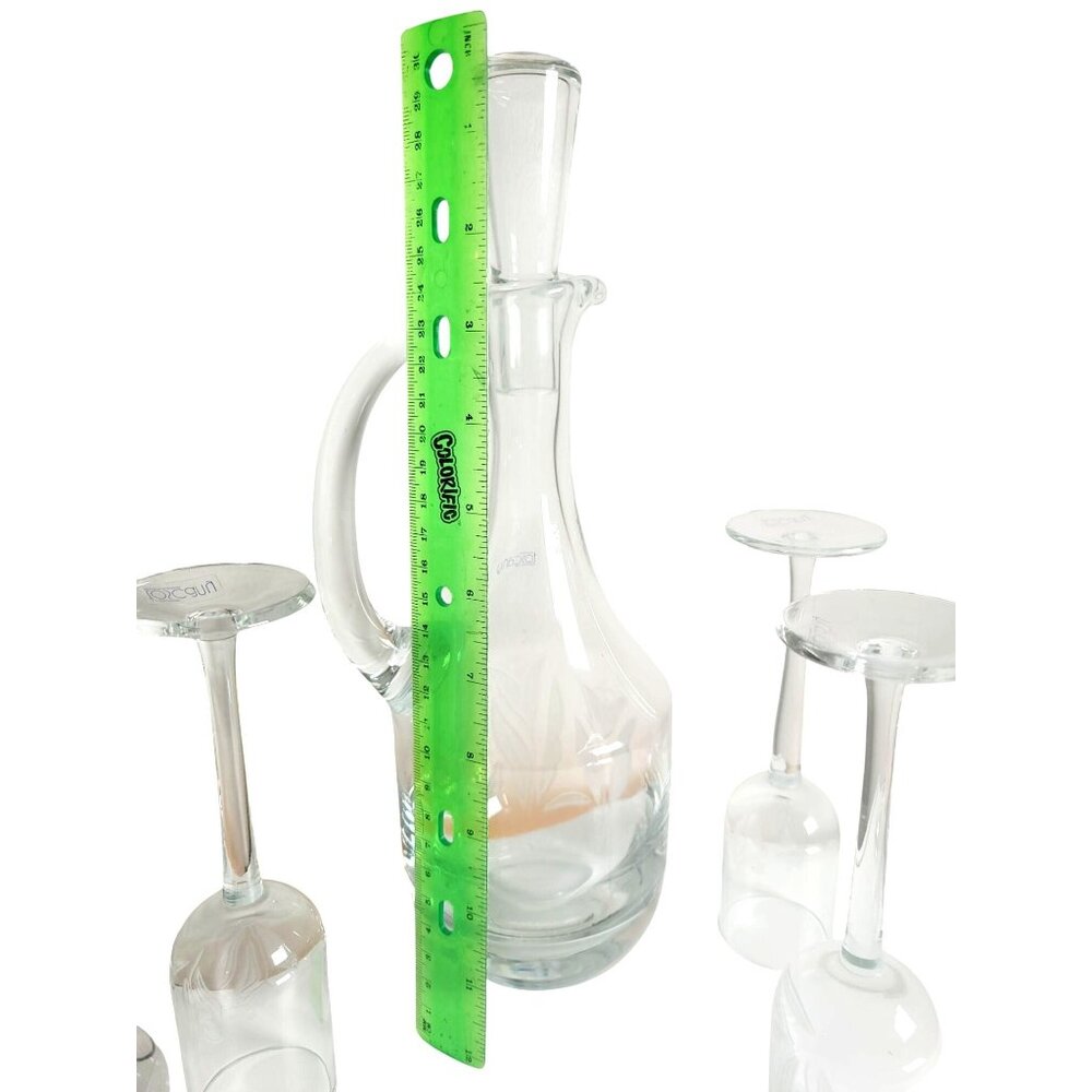 Vtg Mid Century Toscany Etched Tulip Crystal Wine Decanter Set 4 Glasses Stopper - Picture 8 of 8